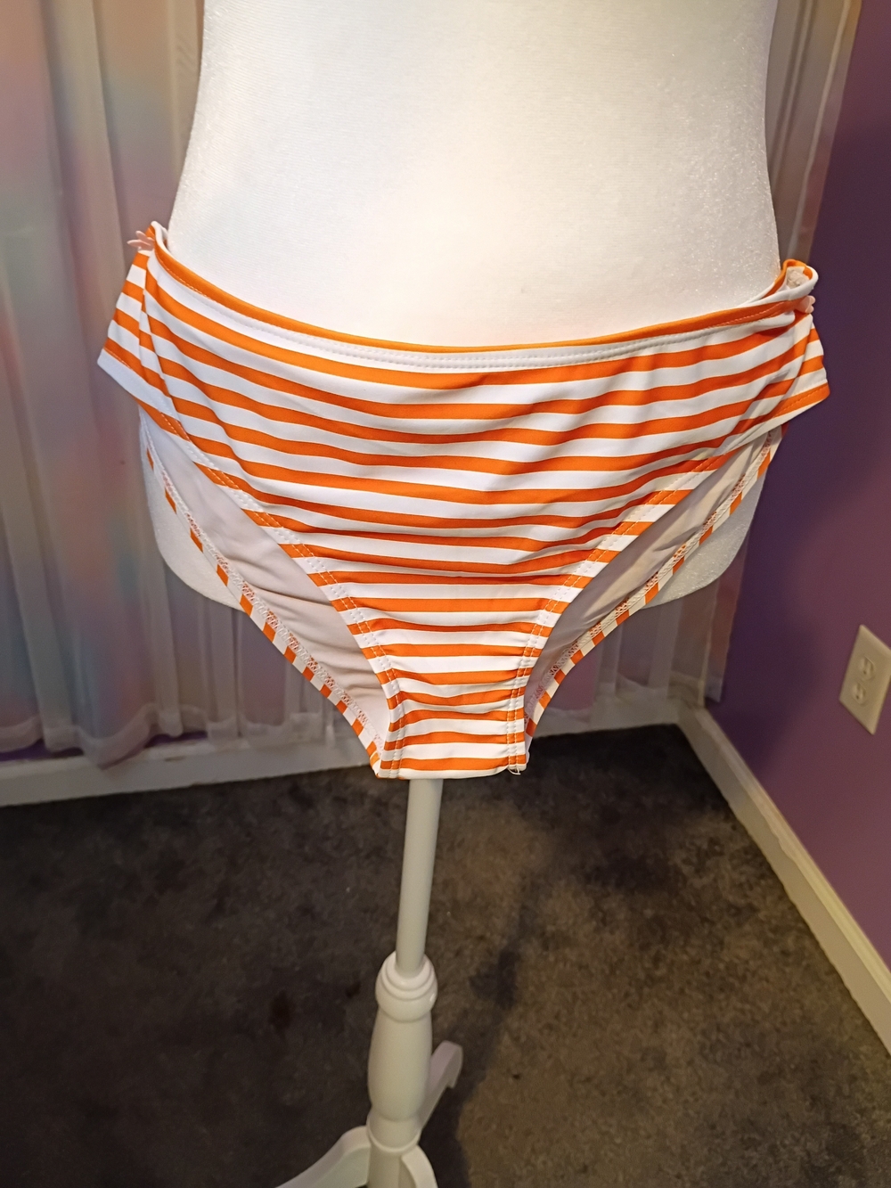 Tangerine Orange & White Striped High Cut Low Rise Bikini Bottom Size Small